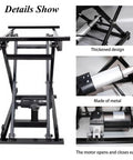Top Shelf Electric Scissor Lift Table With Foldable Design And Wireless Remote Control showing thickened metal frame and motor details.