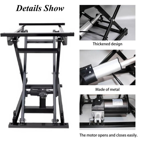 Top Shelf Electric Scissor Lift Table With Foldable Design And Wireless Remote Control showing thickened metal frame and motor details.