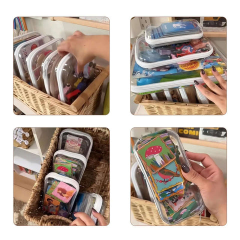 Straight Up Three Piece Clear Hard Shell Zipper Cases With Rigid Plastic Panels For No Sweat Travel and Crisp Home Storage organizing small items.