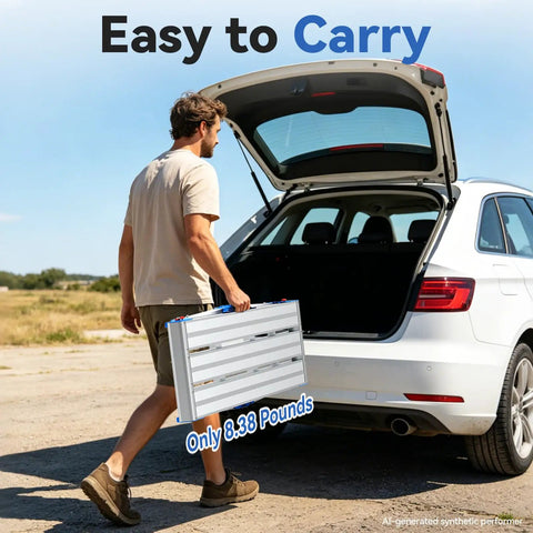 Heavy Duty Aluminum Work Platform Supports Up To 600 Lbs With One Touch Automatic Fold Stable On Steps With Reinforced Non Slip Top And Wide Legs Quick Two Step Fold No Tools Required For Diy And Pros, folded silver platform, easy to carry