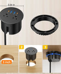 Three Inch Desktop Power Grommet With 35W USB C Fast Charging And Dual 18W USB A Outlets Black with installation steps.