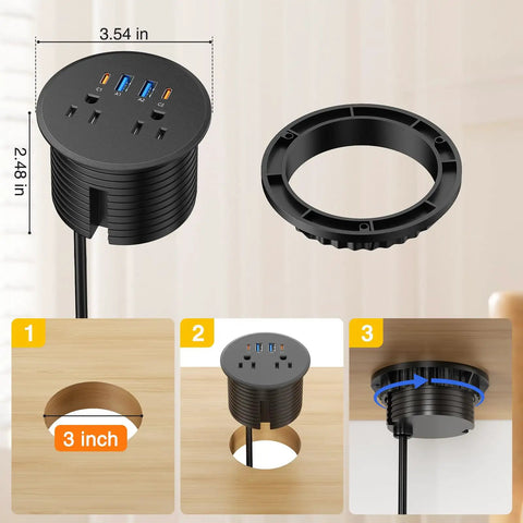 Three Inch Desktop Power Grommet With 35W USB C Fast Charging And Dual 18W USB A Outlets Black with installation steps.