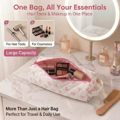 Pink Bow Pattern Hair Tools Organizer Bag For Curling Irons Flat Irons Hair Dryers And Styling Tools Portable Travel Case
