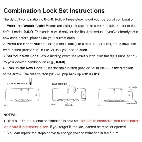 Combination lock set instructions for UL94 VTM-0 Certified Fireproof Document Box With Lock, includes default code and setup steps.