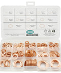 300Pcs Copper Flat Washers Sealing Washers Kit In 12 Sizes, displayed in a transparent plastic organizer box with labels.
