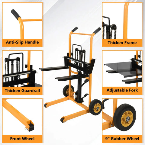 Heavy Duty Manual Material Stacker Workhorse With 450 Lb Capacity, Hydraulic Foot Pedal Lift, Adjustable Forks From 2.75 To 43.3 Inches, Removable Platform, Carbon Steel Frame And PU Wheels For Easy Warehouse Loading. orange stacker with adjustable forks and 9-inch rubber wheel