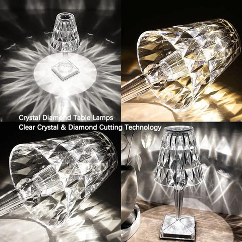 Rose Crystal Touch Table Lamp With 2000mAh Rechargeable Battery, Diamond Shaped LED Light With 3 Color Modes displayed in a collage