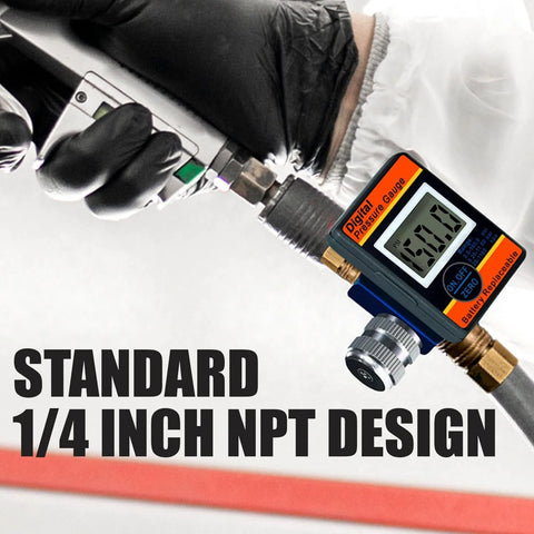LE LEMATEC digital air pressure regulator with LED display, 1/4 NPT fitting, attached to air hose