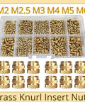 Brass Heat Set Insert Nut Kit With M2 M2.5 M5 M6 Sizes, Hot Melt Design, Knurled Threads, And Double Twill Embedment For Ultra Secure Fastening In Wood, Plastic And Woodworking Projects, 400pcs Assortment, assorted brass inserts in organizer