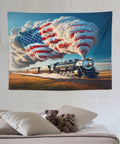 American Steam Train Tapestry With Dope Star Spangled Smoke And Flag Design Locomotive Wall Hanging in 40x30 Inches Polyester