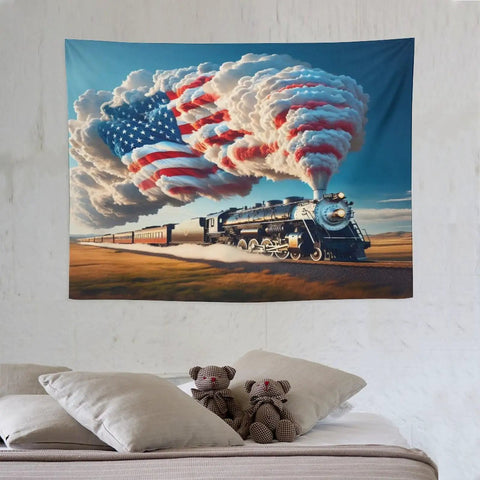 American Steam Train Tapestry With Dope Star Spangled Smoke And Flag Design Locomotive Wall Hanging in 40x30 Inches Polyester