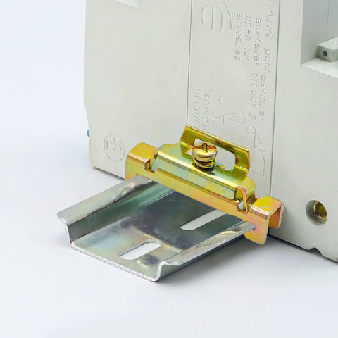 Close-up of 12 Pieces DIN Rail Mount Terminal Block End Stoppers for 35mm DIN Rail, galvanized iron screw type clamp mounting clip in use