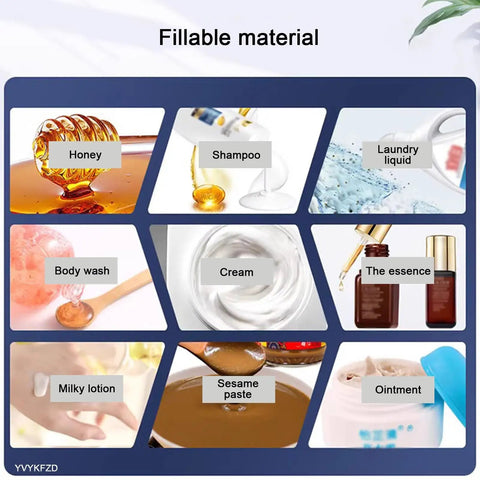 Fillable materials including honey, shampoo, body wash, cream, milky lotion, sesame paste, and ointment for filling machine.