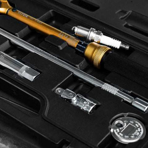 Three Eighth Inch Drive Torque Wrench Set With Magnetic 12 Point Spark Plug Sockets 14Mm And 16Mm Spark Plug Gap Tool in case