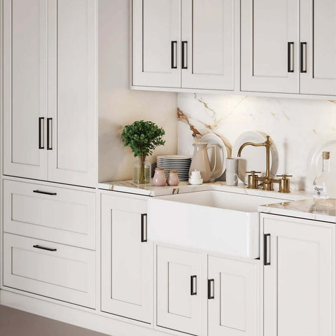 Solid Zinc Alloy 5 Inch Black Cabinet Handles And Drawer Pulls For Kitchen Refresh Slick Rust Proof Finish Heavy Duty Hardware on white cabinetry.