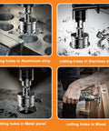 Beefy Built Tough Tungsten Carbide Tipped Hole Saw Kit cutting aluminum, stainless steel, metal panel, and wood.