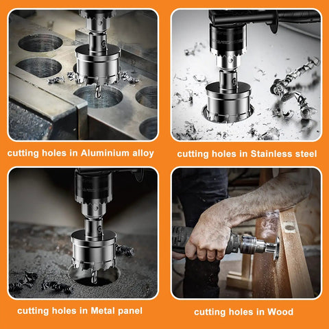 Beefy Built Tough Tungsten Carbide Tipped Hole Saw Kit cutting aluminum, stainless steel, metal panel, and wood.