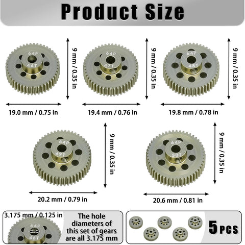 Hot Set Of 5 64P Aluminum Pinion Gears For 3.175mm Shafts 46T 47T 48T 49T 50T With M4 Screw And Hex Key One Eighth Inch Shaft Fits One Tenth RC Cars From Arrma HPI Kyosho Losi Axial Traxxas Tamiya
