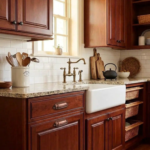 Sleek kitchen with Antique Copper Cup Pulls on drawers, showcasing a 4 Inch Center zinc alloy build and rustic charm.