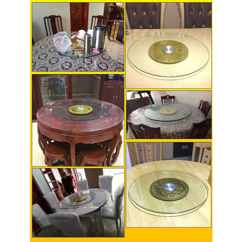 Large Glass Lazy Susan Turntable for the kitchen table round serving tray with ball bearings on various dining tables.