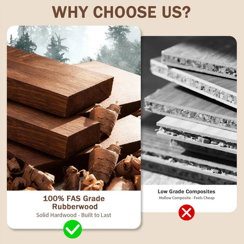 Comparison between solid hardwood FAS grade rubberwood and low-grade composite material for durability.