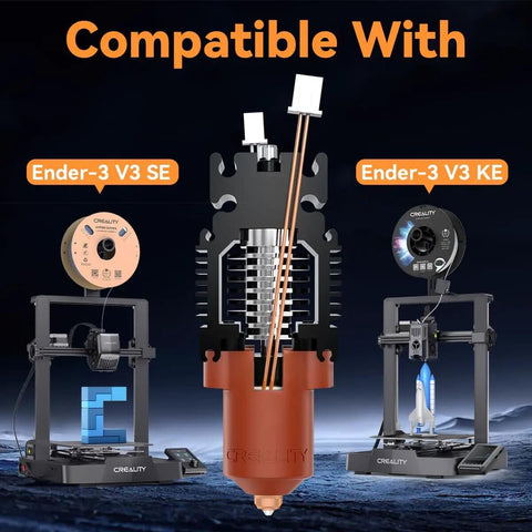 Ender 3 V3 SE KE Hotend Upgrade Kit with Ceramic Heating Block displayed with compatible Ender-3 V3 SE and KE 3D printers.