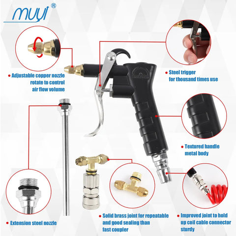 Pro Grade Heavy Duty Truck Air Blower Duster Cleaning Kit with steel blow gun, brass joint, TEFLON tape, 9m hose, and nozzles