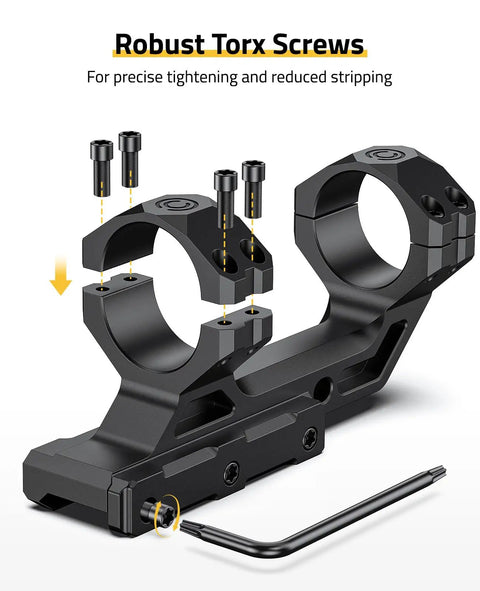 Cantilever 1 Inch Offset Dual Ring Scope Mount For Picatinny Rails One Piece Aluminum Unibody Construction showing Torx screws.