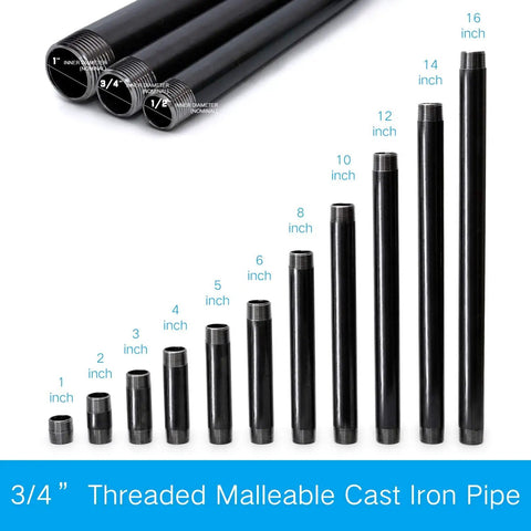 3/4” threaded malleable cast iron pipe variety, including 10 Pack Built Tough Heavy Duty Iron Pipe Nipples For Industrial Vintage DIY Projects Furniture And Shelving Decor Pre Cut Steel Threaded Nipple Set For Easy Assembly Three Quarter Inch By 8 Inch Grey