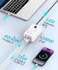 Reliable Car Power Inverter DC Twelve To One Ten Converter With PD Fast Charge USB C Ports dual AC outlets connected to laptop and smartphone.
