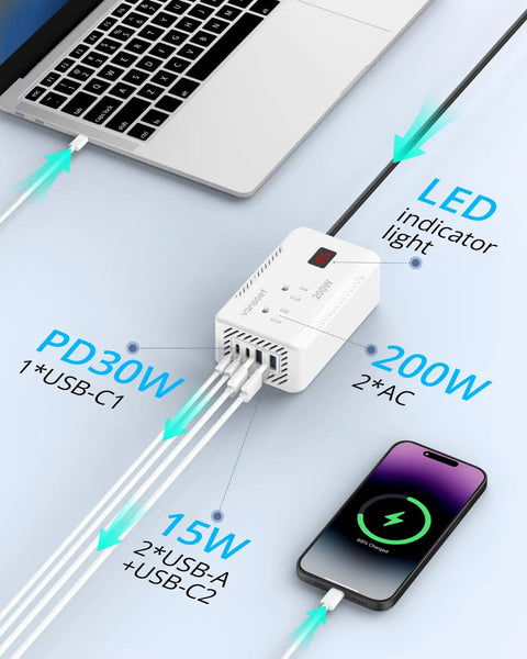 Reliable Car Power Inverter DC Twelve To One Ten Converter With PD Fast Charge USB C Ports dual AC outlets connected to laptop and smartphone.