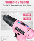 Pink 12V Cordless Drill And Driver Set With 21 Bits For Women showing variable speed settings 0-1400 RPM for home repairs.