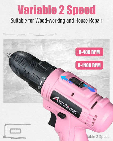 Pink 12V Cordless Drill And Driver Set With 21 Bits For Women showing variable speed settings 0-1400 RPM for home repairs.