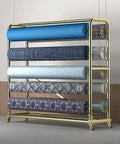 Built Tough Fabric Roll Storage Rack With Adjustable Pulley And Dual Tier Organizer For Vinyl Window Film Wallpaper Commercial Textile Display Stand No Sweat Smooth Setup with six rolls of fabric.
