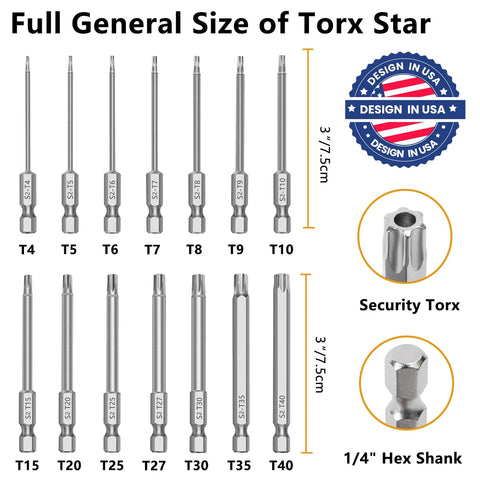 14 Piece Security Torx Bit Set With Tamper Proof Bits T4 To T40 3 Inch Long S2 Steel Built For Tough Jobs Pro Grade Magnetic For Impact Drivers And Drills
