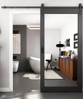 Mirror Barn Door 42 Inch By 84 Inch With 7 Foot Sliding Hardware Kit Included One Lite Full Length Frosted Glass Solid Wood Waterproof PVC Surface No Assembly Required Black Finish installed in bathroom