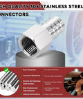 Pack Of Two Stainless Steel Hose Barb Fittings Three Quarter Inch Hose Barb To One Half Inch NPT Female Fittings for durability and corrosion resistance.
