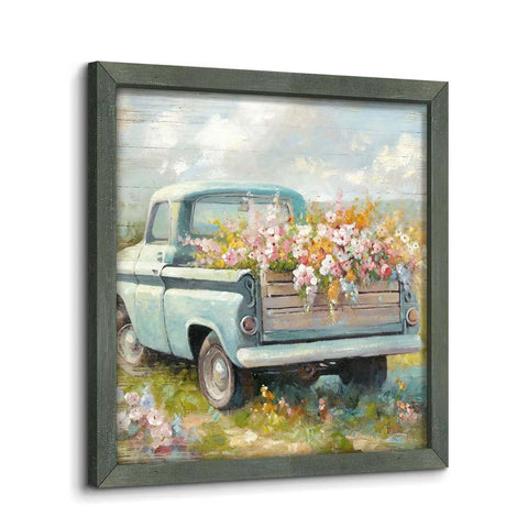 Truck Wall Art Framed 12 Inch By 12 Inch Vintage Blue Pickup Wood Painting Rustic Barn Landscape With Cozy Country Flowers For Bedroom And Living Room Decor