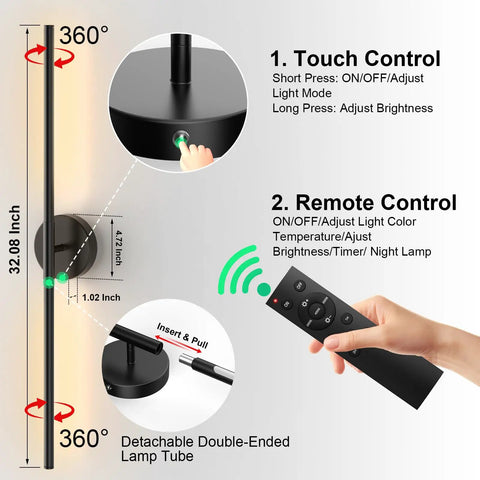 Touch and remote control features of Set Of Two Rechargeable Battery Wall Sconces With Remote Dimming 3000K To 6000K Adjustable Led Light.