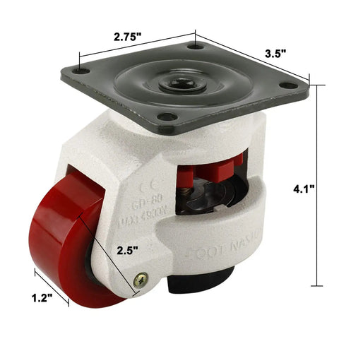 Tough As Nails Leveling Casters 4 Pack With Slick Poly Wheels And Thick Nbr Rubber Pads Rock Solid Plate Mounted Base Heavy Duty Legs, detailed view of caster dimensions.