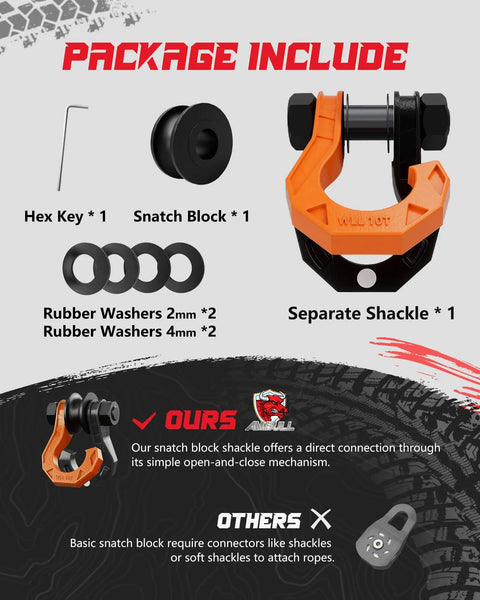 D Ring Separate Shackle With Snatch Block Three Quarter Inch Beefy Heavy Duty Tow Winch Pulley For Off Road Recovery Truck ATV UTV: included parts