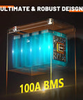 12V 100Ah LiFePO4 Deep Cycle Battery With Built In 100A BMS for RVs, shown with energy cells and circuitry design