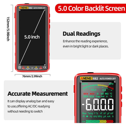 All In One True RMS Multimeter Tester With Color LCD Display 6000 Counts, front view showing 5-inch size and features