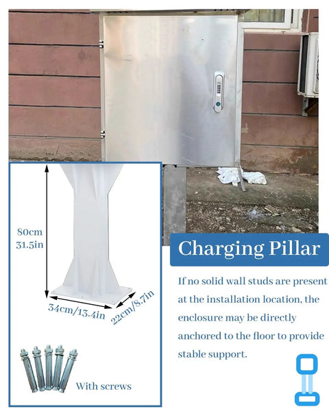 Rock Solid Ev Charger Pedestal Stand With Heavy Duty Steel Enclosure And Lockable Metal Housing For No Sweat Outdoor Electric Vehicle Garage Station, installed with screws.