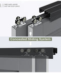 Close-up of 8 Ft Bypass Double Sliding Pocket Door Hardware Kit In Aluminum And Black Modern Style With Concealed Track