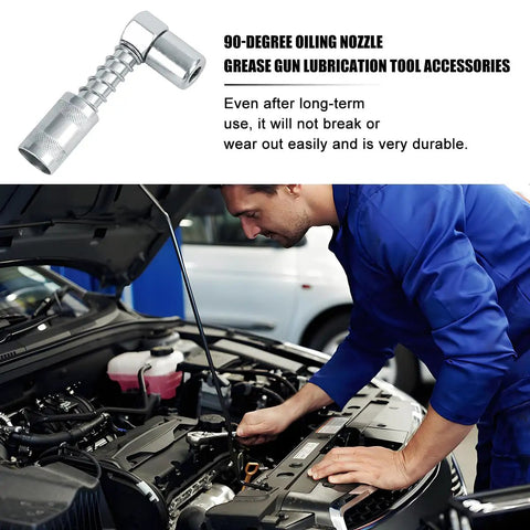 90 Degree Car Grease Coupler Adapter With 3 Jaw Right Angle Fittings in use by mechanic under car hood