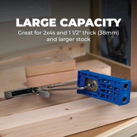 Beefy Heavy Duty Pocket Hole Jig HD for big projects with steel enforced drill guides on 2x4 and thick wood in workshop.