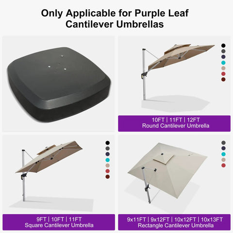 Offset Patio Umbrella Base With Wheels For Cantilever Umbrellas, shown with various PURPLE LEAF cantilever umbrella styles.