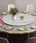 Dining table setup with Solid 39 Inch Round Wooden Lazy Susan Rotating Serving Tray at center, surrounded by elegant tableware.