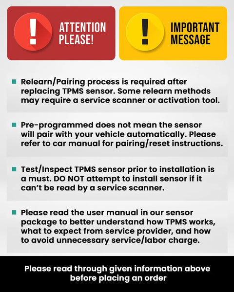 Important instructions for Preprogrammed Tpm Tire Pressure Sensors 315Mhz 4 Pack Clamp In Style for vehicle installation.